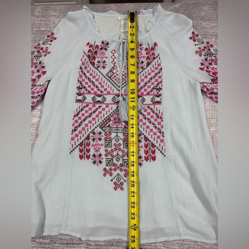 Sundance Womens Embroidered Top Size XS Light Blue Boho Gypsy Artsy Lightweight - Picture 5 of 10